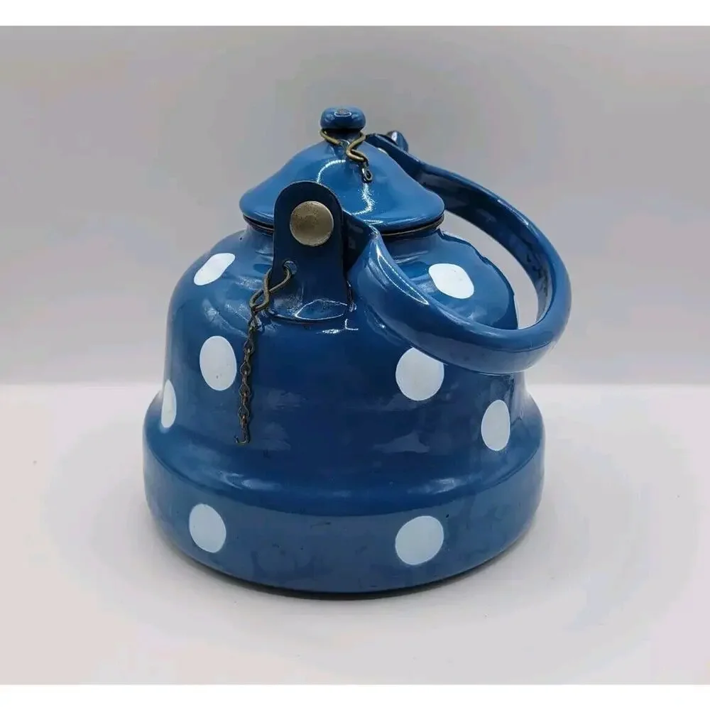 Vintage Graniteware Blue & White Polka Dots Enamel Gooseneck Swing Handle Teapot
